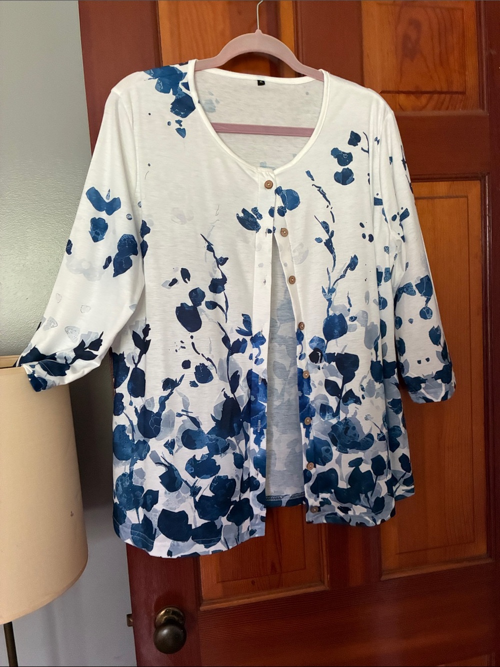 White Cardigan with Blue Floral Print